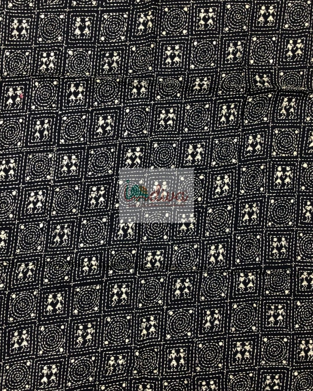 Black Kantha Blouse Material With Off-White Worli Motifs