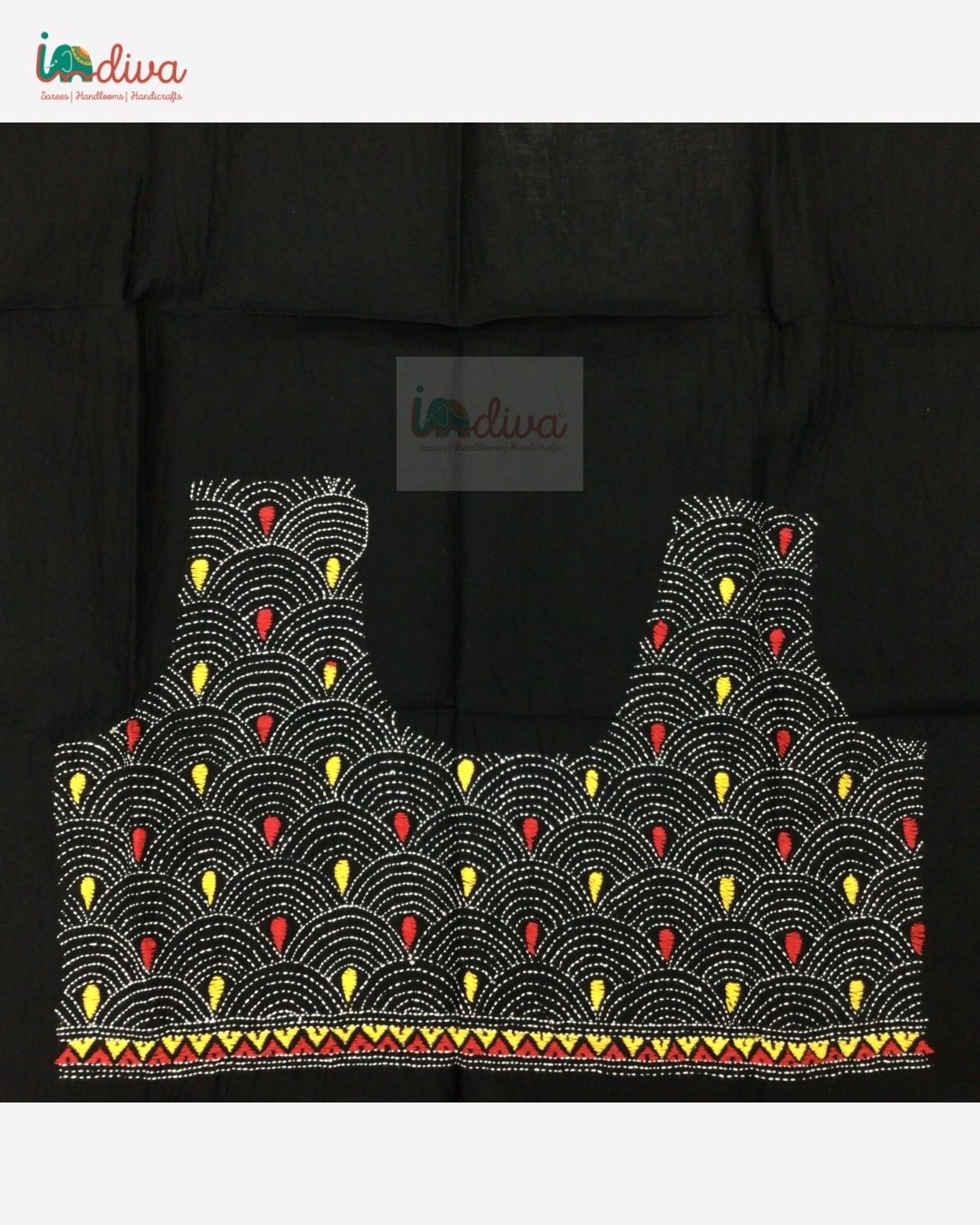 Black Kantha Blouse Fabric With Red & Yellow Motifs