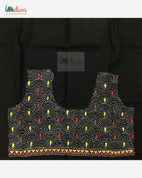 Black Kantha Blouse Fabric With Red & Yellow Motifs