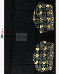 Black Kantha Blouse Fabric With Yellow & Green Floral Motifs