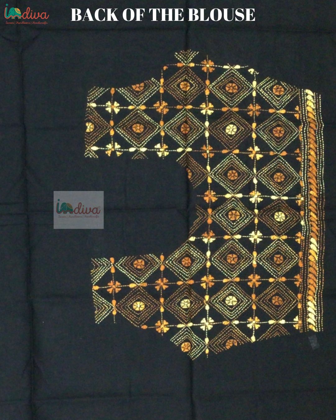 Black Kantha Blouse Fabric With White & Orange Motifs