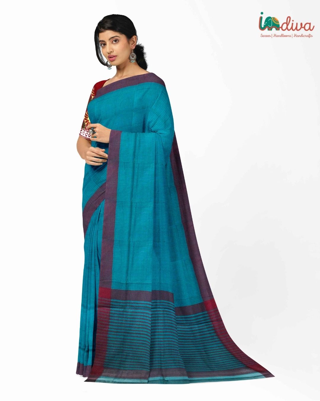 Blue Andhra Handloom Cotton Checks Saree