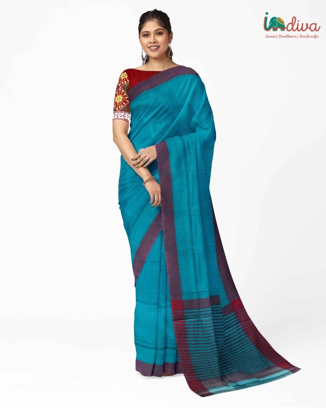 Blue Andhra Handloom Cotton Checks Saree
