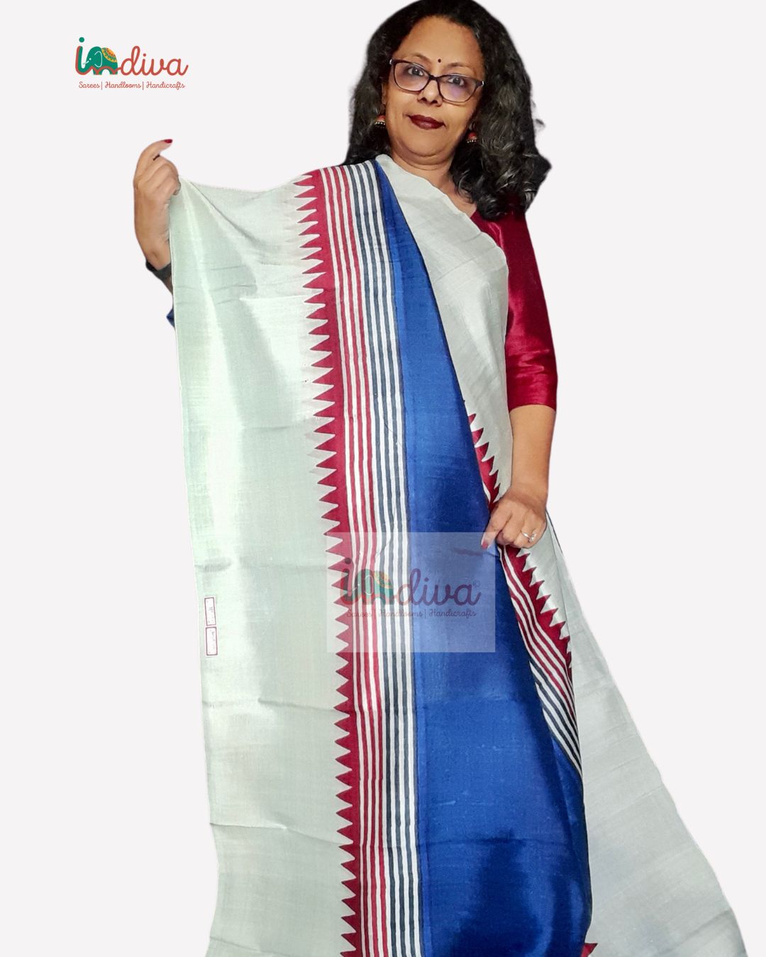 Blue Block Printed Murshidabad Silk Saree