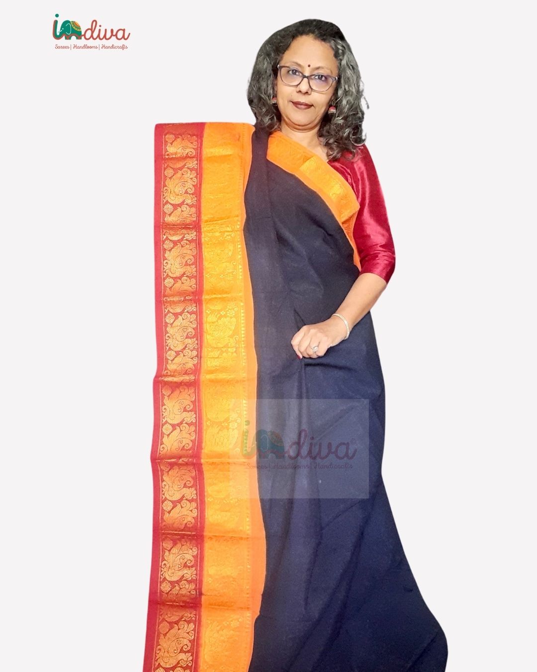 Blue Tie & Dye Ganga Jamuna Border Sungudi Handloom Cotton Saree