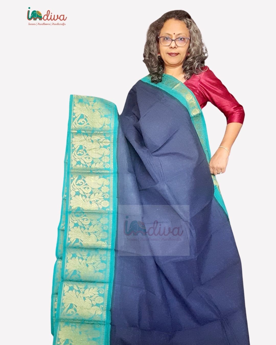 Blue & Green Tie Dye Sungudi Handloom Cotton Saree