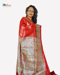 Brick Red Hand Painted Tussar Madhubani Silk Saree