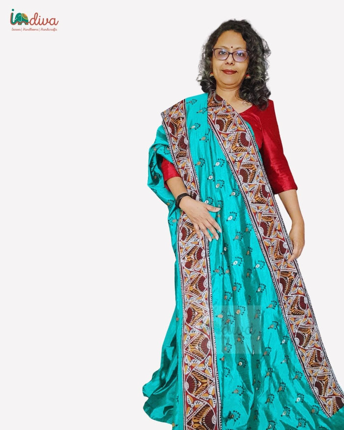 Green Handloom Dupion Silk Applique & Kantha Saree