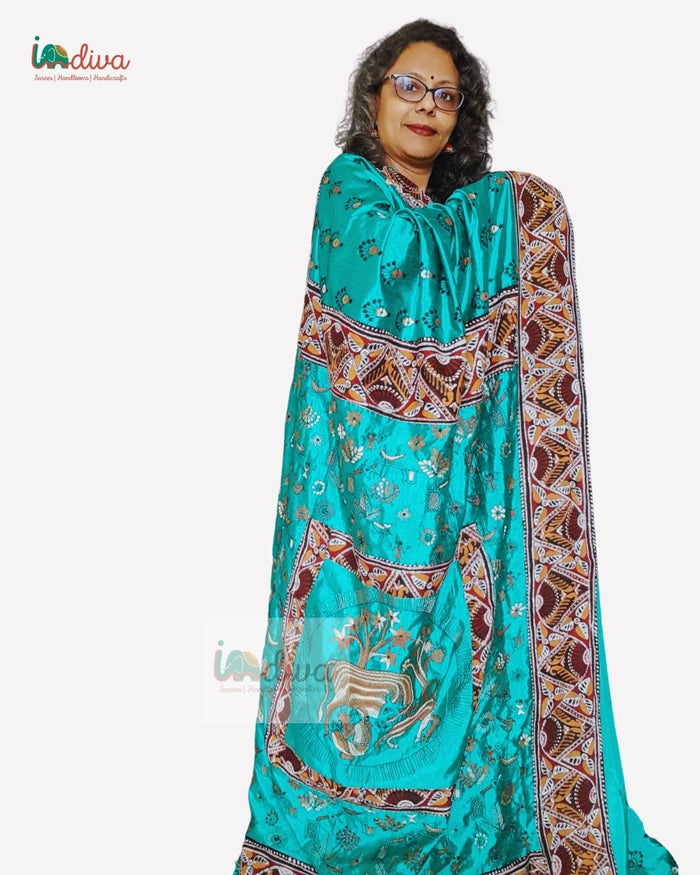 Green Handloom Dupion Silk Applique & Kantha Saree