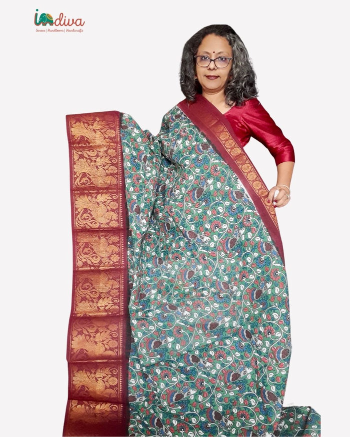 Green Sungudi Pure Cotton Saree With Kalamkari Prints