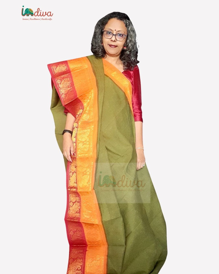 Green Tie & Dye Ganga Jamuna Border Sungudi Handloom Cotton Saree