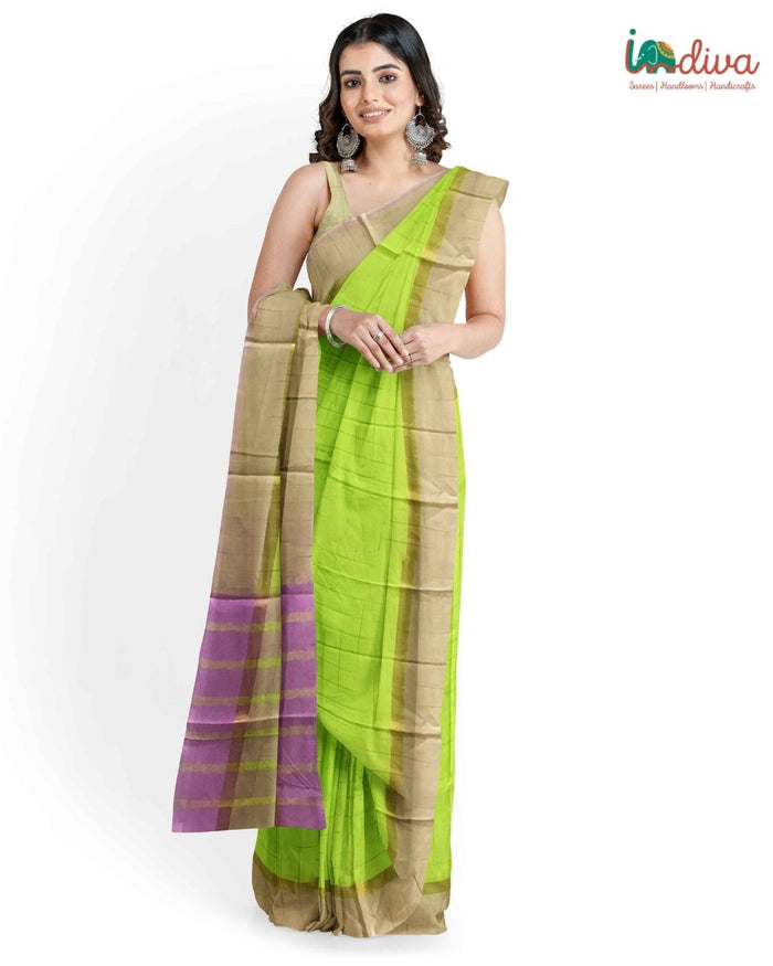 Green & Pink Checks Mangalgiri Cotton Saree