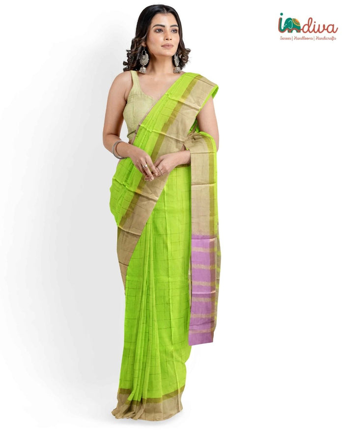 Green & Pink Checks Mangalgiri Cotton Saree