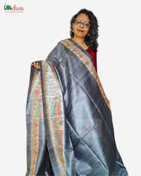 Grey Hand Painted Tussar Silk Madhubani Saree