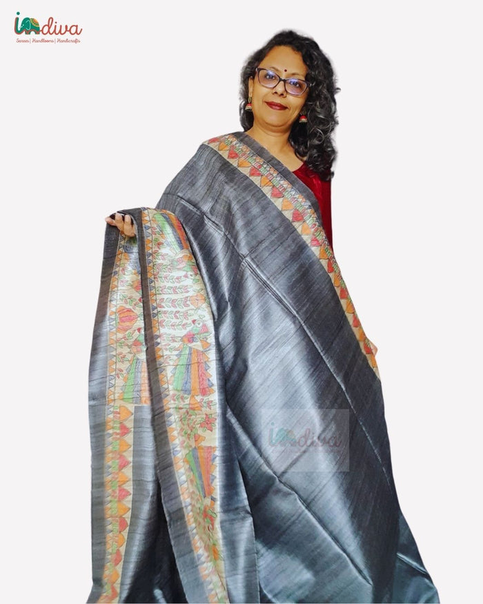 Grey Hand Painted Tussar Silk Madhubani Saree