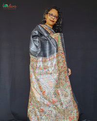 Grey Hand Painted Tussar Silk Madhubani Saree