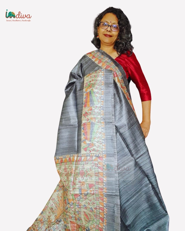 Grey Hand Painted Tussar Silk Madhubani Saree