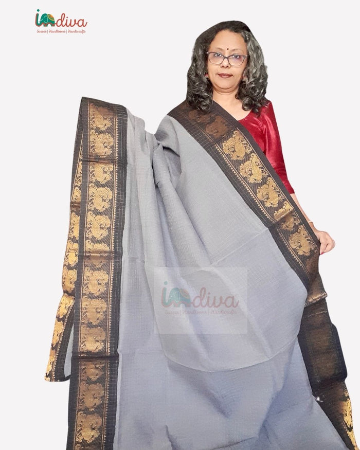 Grey & Black Sungudi Tie & Dye Cotton Saree