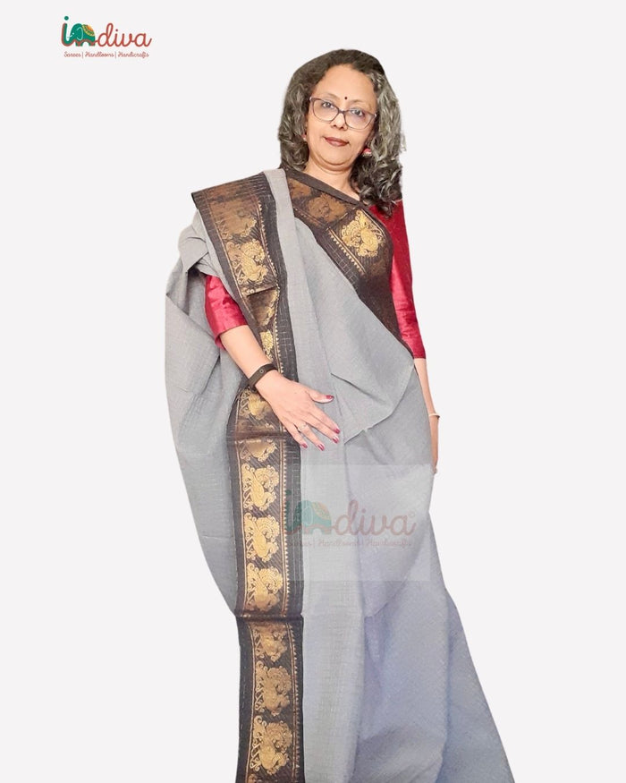Grey & Black Sungudi Tie & Dye Cotton Saree