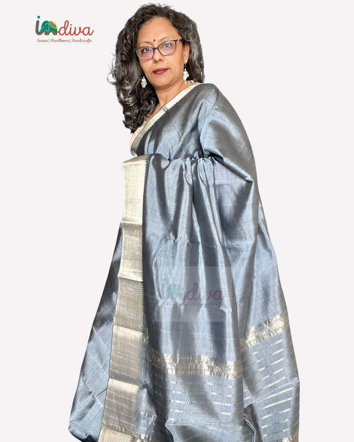 Grey With Silver Border Handloom SICO Mangalgiri Saree