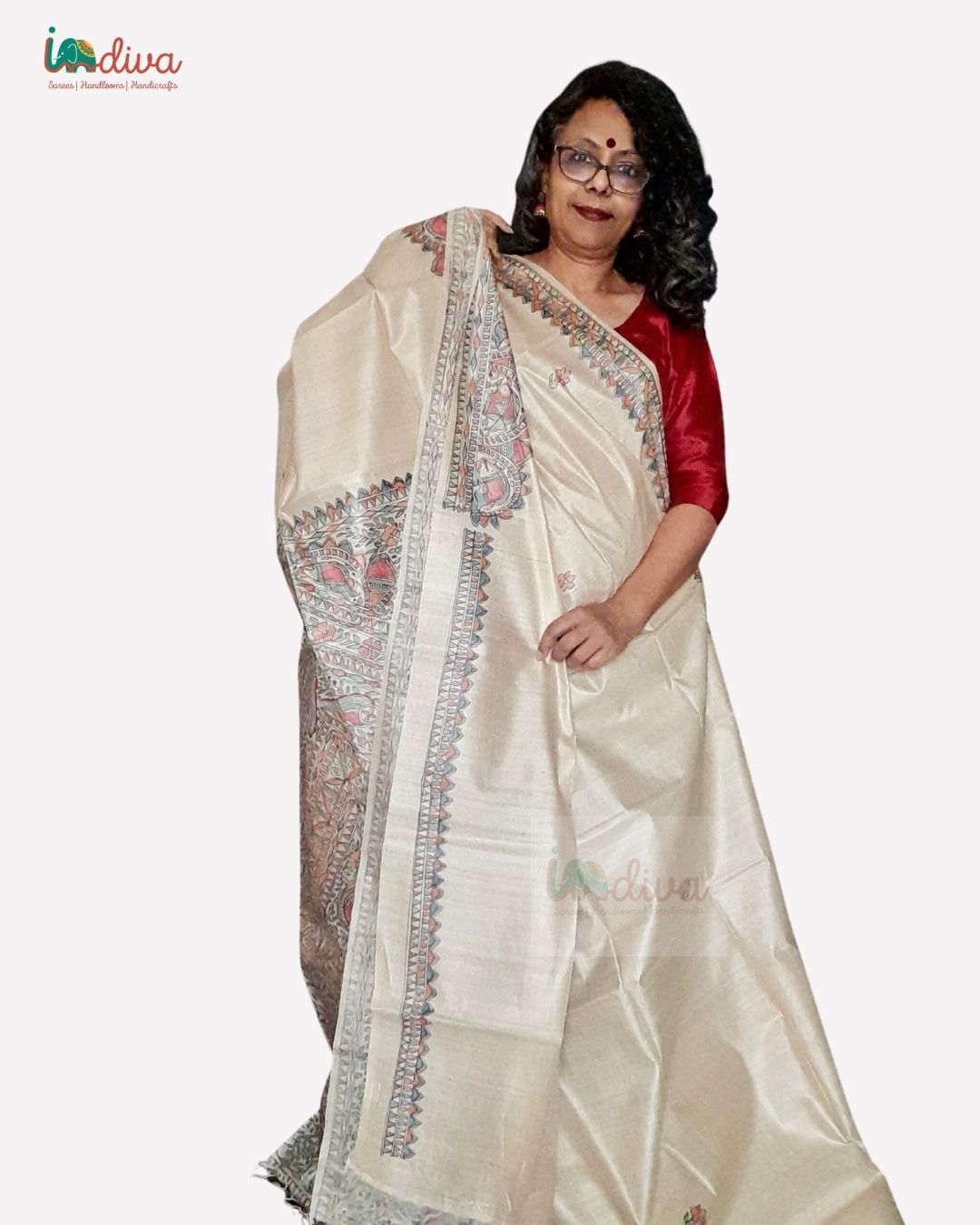 Natural Dyed Fish Motif Madhubani Silk Saree