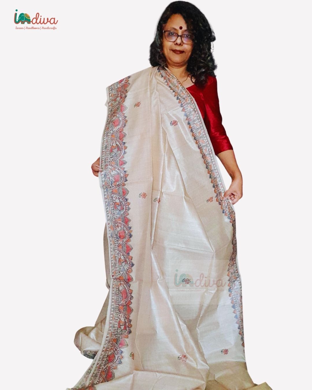 Natural Dyed Fish Motif Madhubani Silk Saree