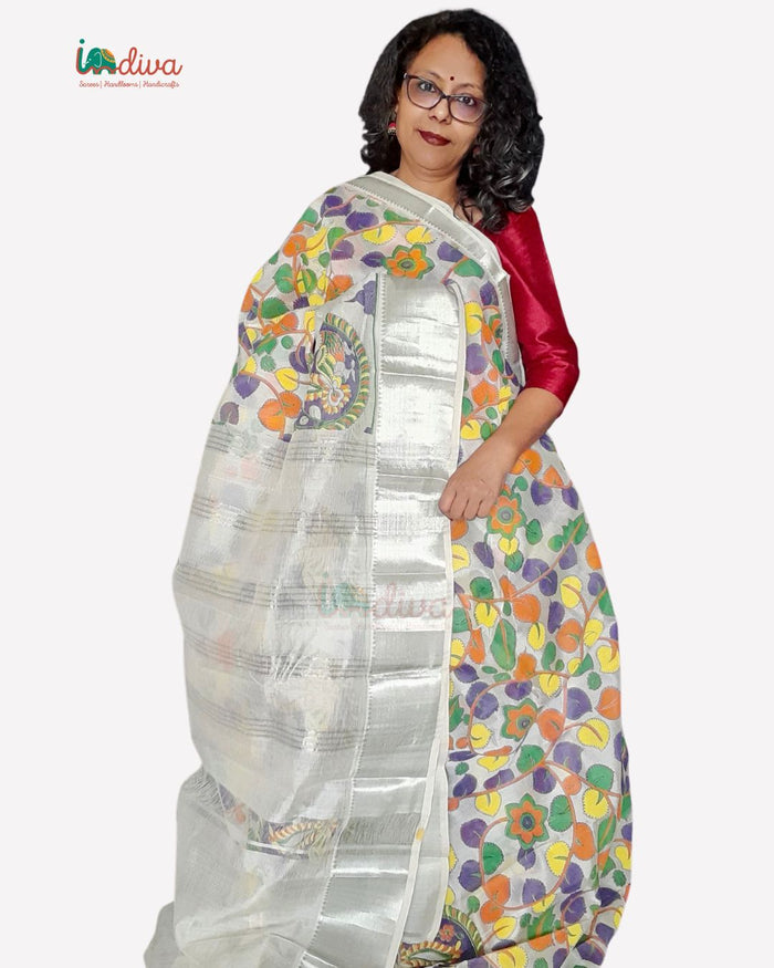 Handloom Mangalgiri Saree With Floral Kalamkari Prints