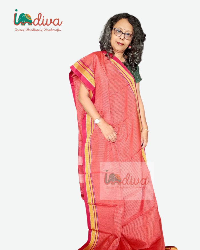 Handloom Orange & Red Checks Ilkal Saree With Chikki Paras Border