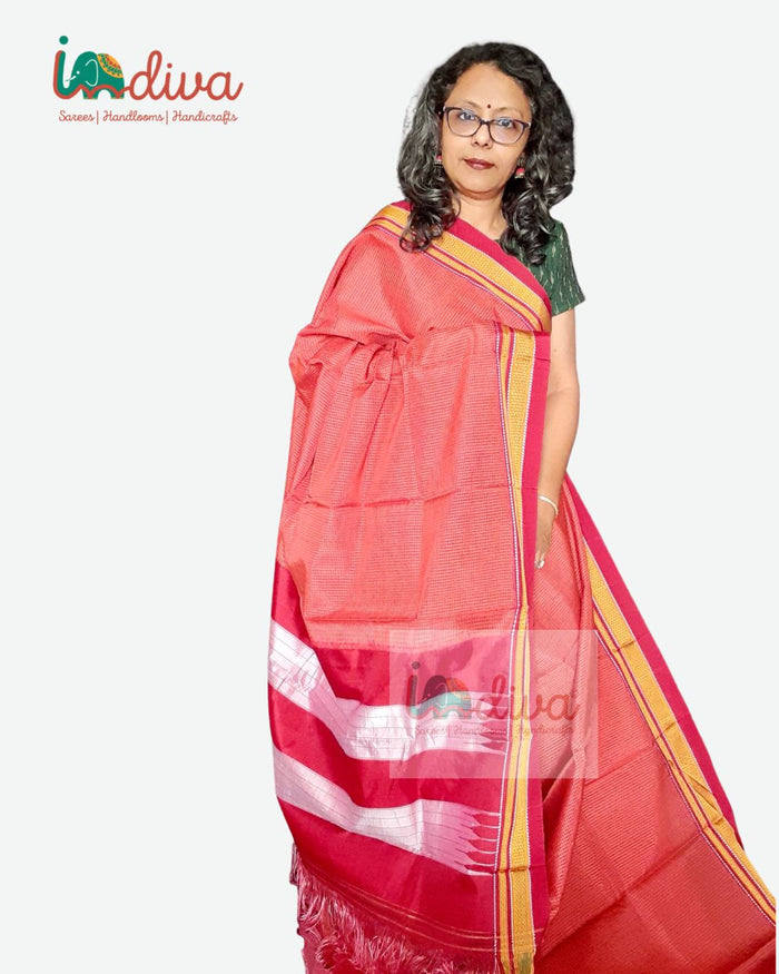 Handloom Orange & Red Checks Ilkal Saree With Chikki Paras Border