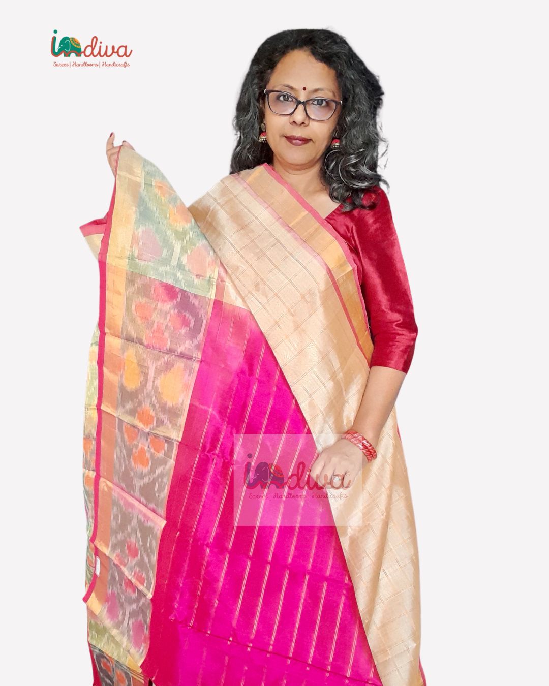 Handloom Paturu Beige & Pink SICO Saree With Ikat Border