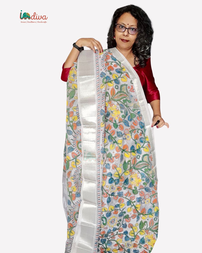 Handloom SICO Mangalgiri Saree With Kalamkari Prints