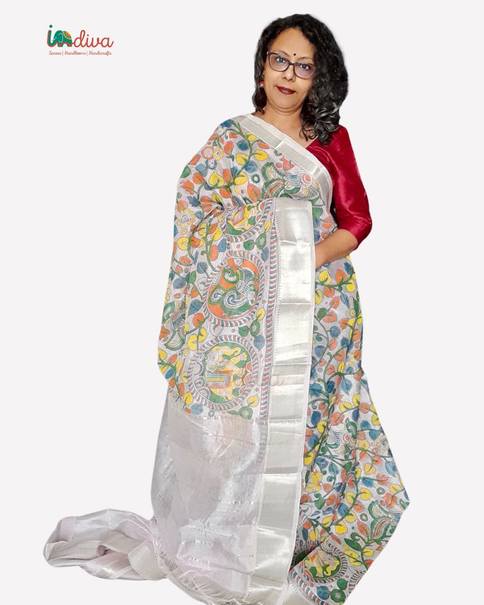 Handloom SICO Mangalgiri Saree With Kalamkari Prints