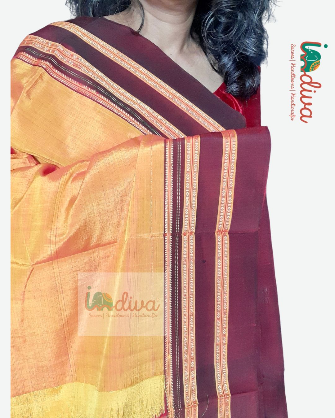 Handloom Yellow & Brown Ilkal Saree With Gayatri Border