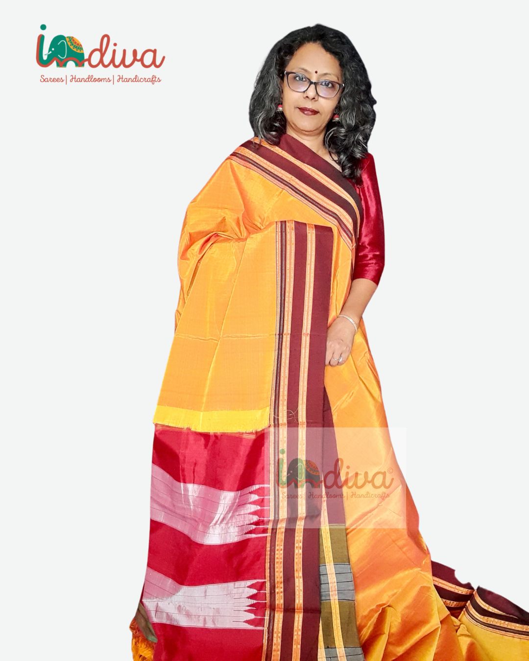 Handloom Yellow & Brown Ilkal Saree With Gayatri Border