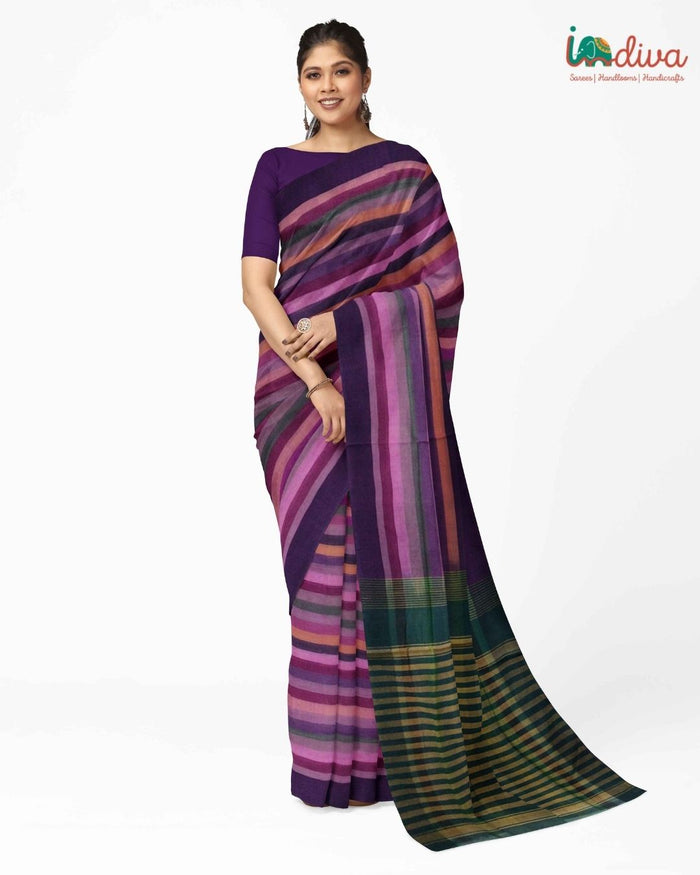 Handwoven Adampalli Violet & Green Cotton Saree