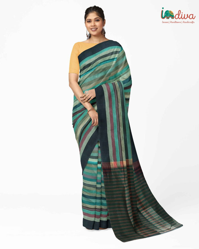 Indiva Handwoven Green Adampalli Cotton Saree