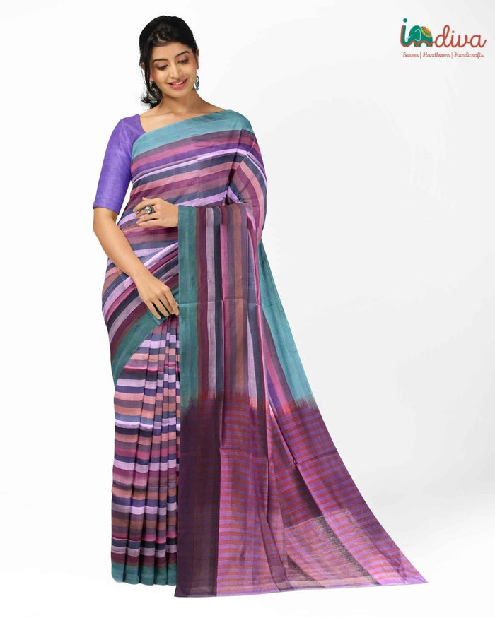 Indiva Adampalli Blue & Purple Handwoven Cotton Saree