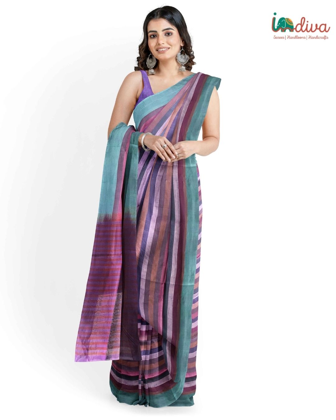 Indiva Adampalli Blue & Purple Handwoven Cotton Saree