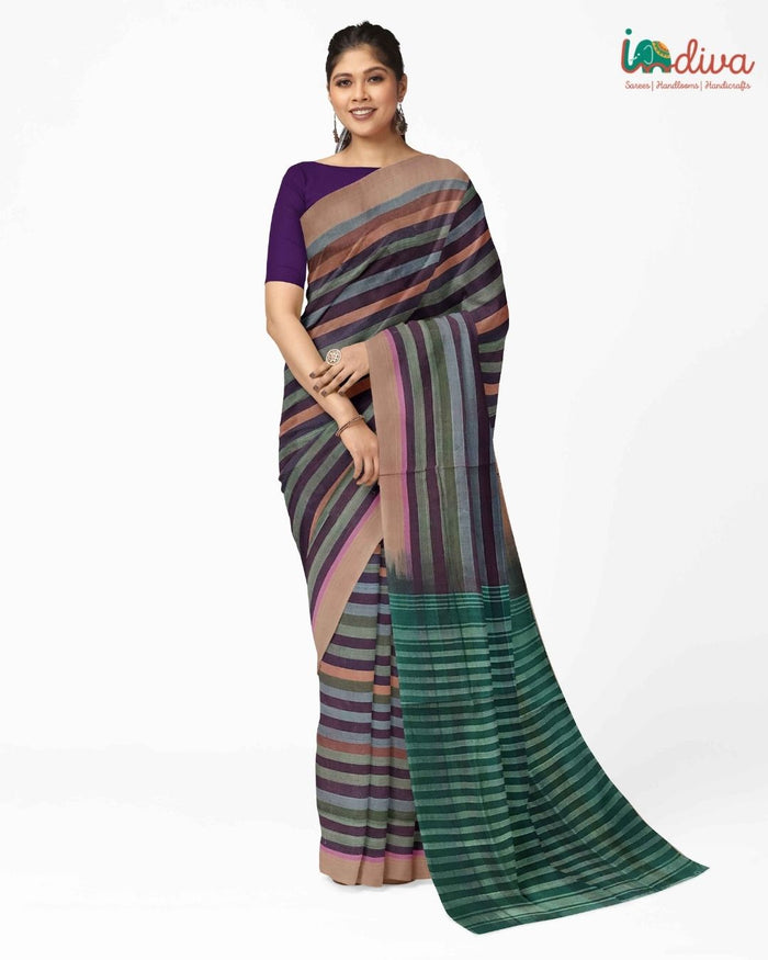 Indiva Adampalli Handwoven Green & Violet Cotton Saree