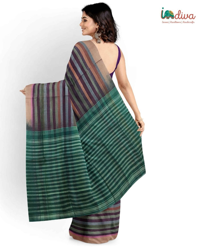 Indiva Adampalli Handwoven Green & Violet Cotton Saree