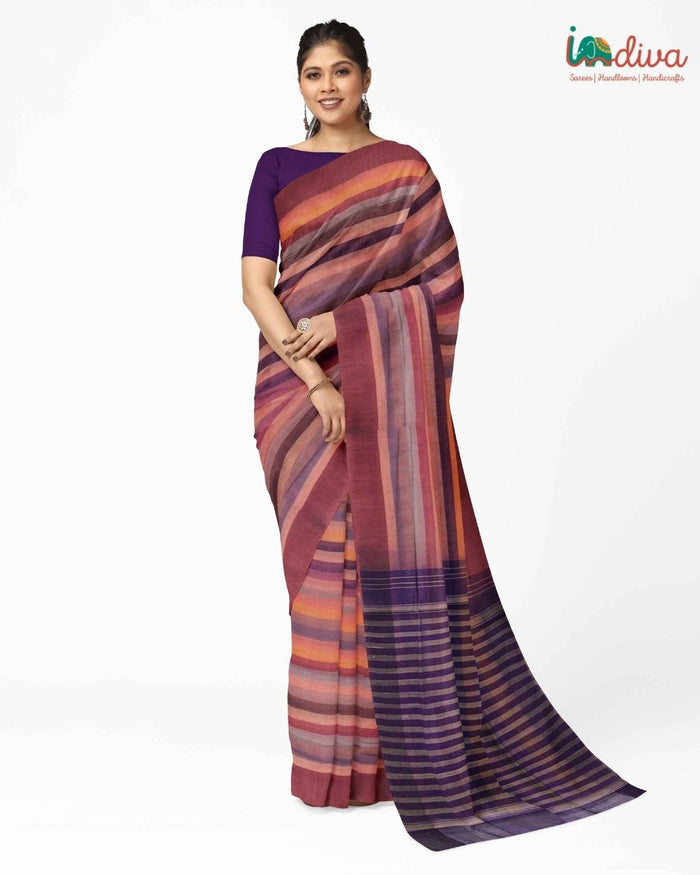 Indiva Adampalli Handwoven Pink & Violet Cotton Saree