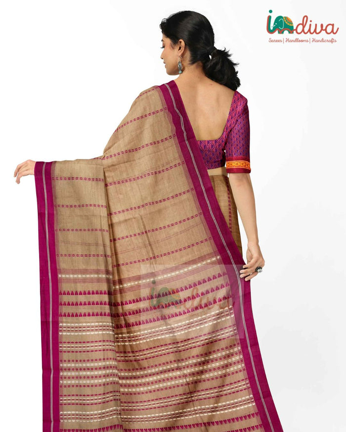 Indiva Beige & Pink Handwoven Begampur Cotton Saree