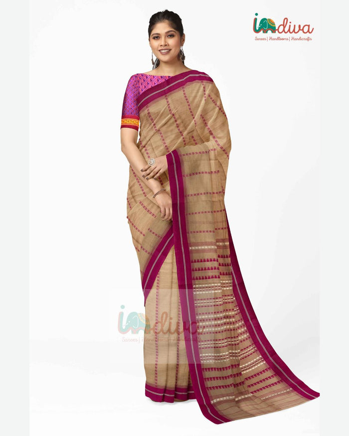 Indiva Beige & Pink Handwoven Begampur Cotton Saree