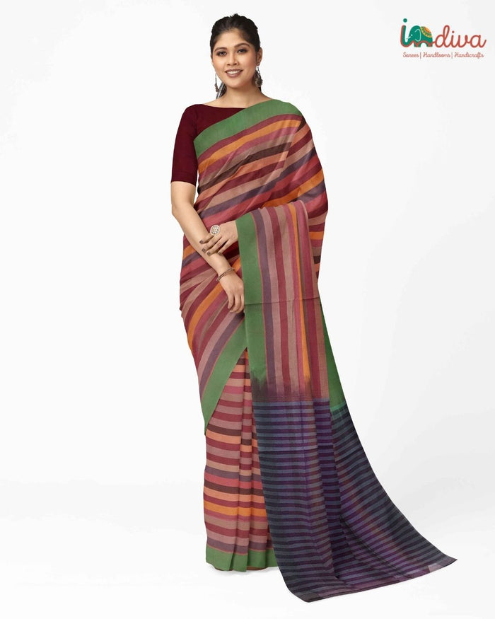 Indiva Handwoven Adampalli Orange & Violet Cotton Saree