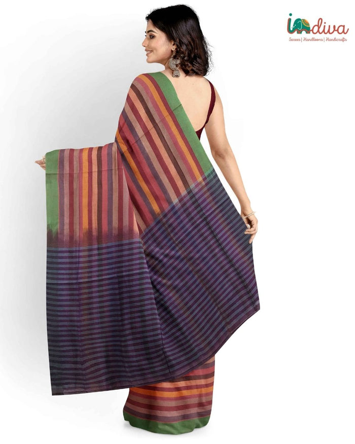 Indiva Handwoven Adampalli Orange & Violet Cotton Saree