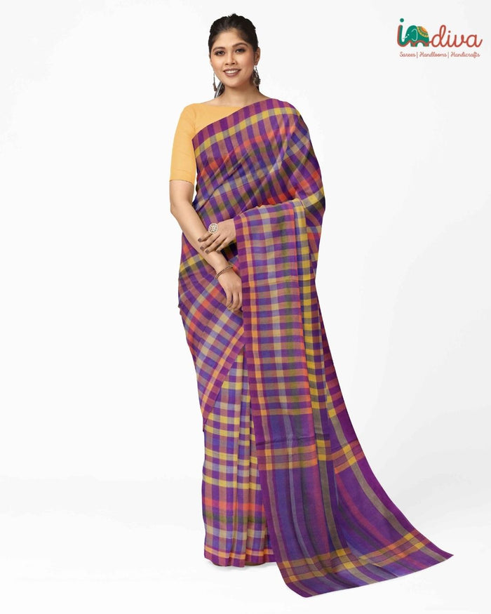 Indiva Handwoven Checks Adampalli Cotton Saree