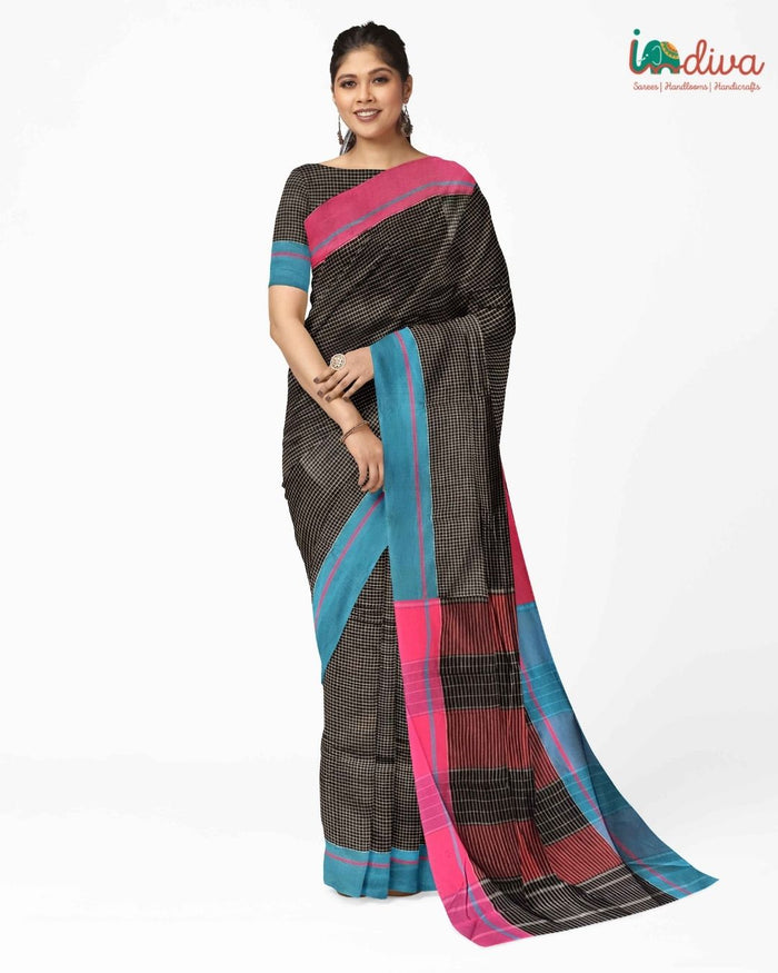 Indiva Handwoven Patteda Anchu Blue & Pink Ganga Jamuna Border Saree