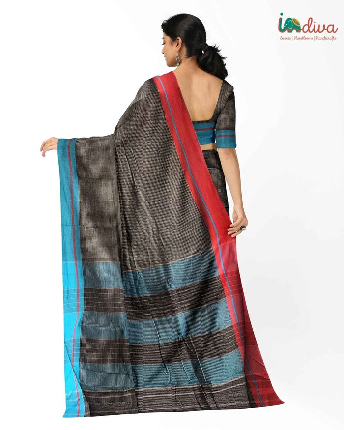 Indiva Handwoven Patteda Anchu Red & Blue Ganga Jamuna Saree