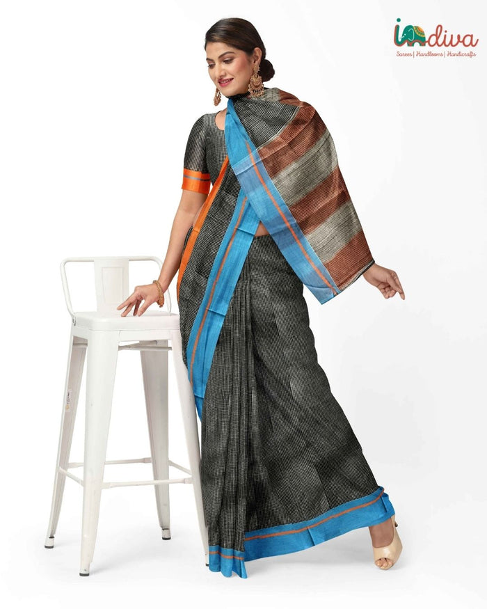 Indiva Patteda Anchu Blue & Orange Handloom Saree