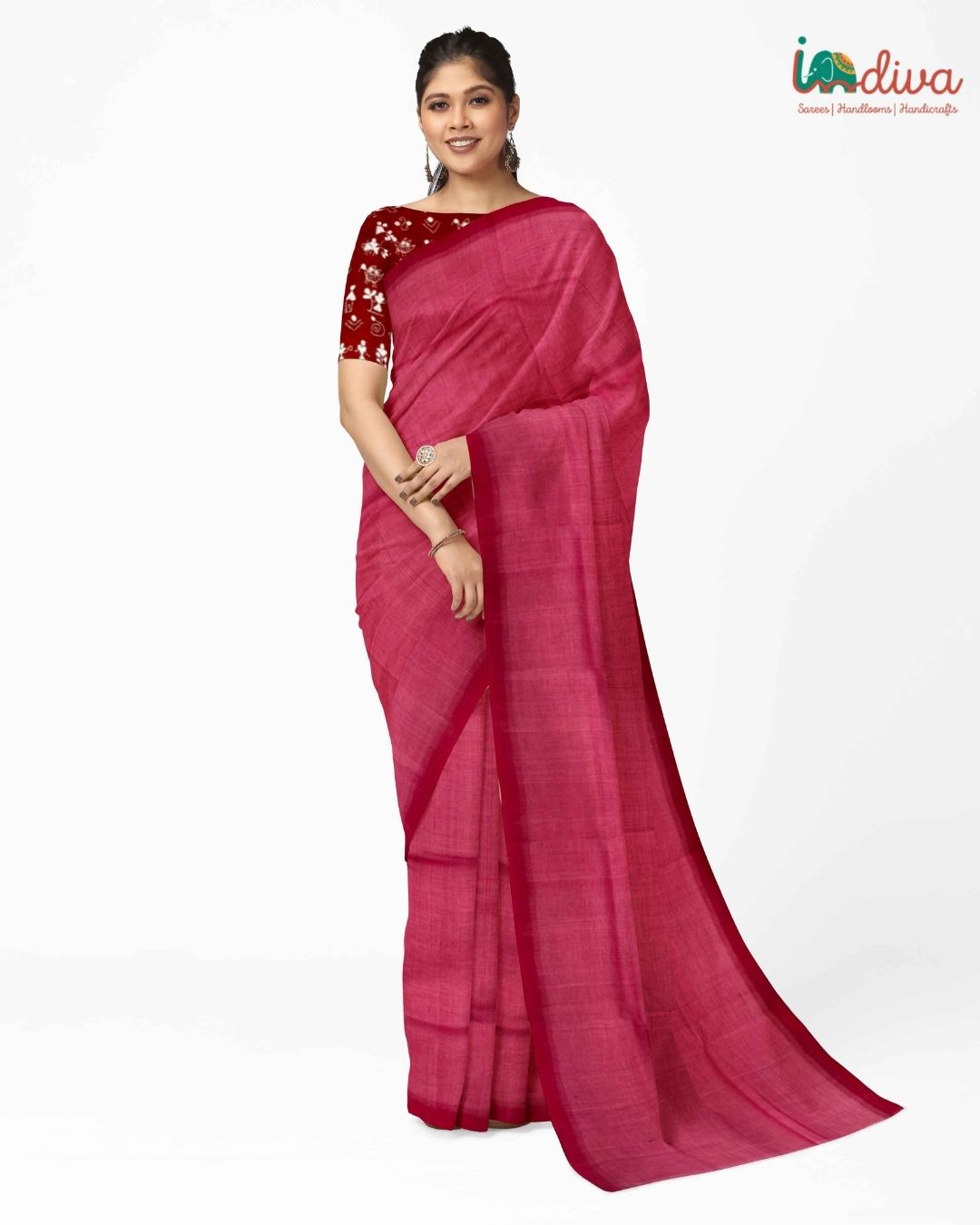 Indiva Pink & Red Dual Tone Mangalgiri Handwoven Saree